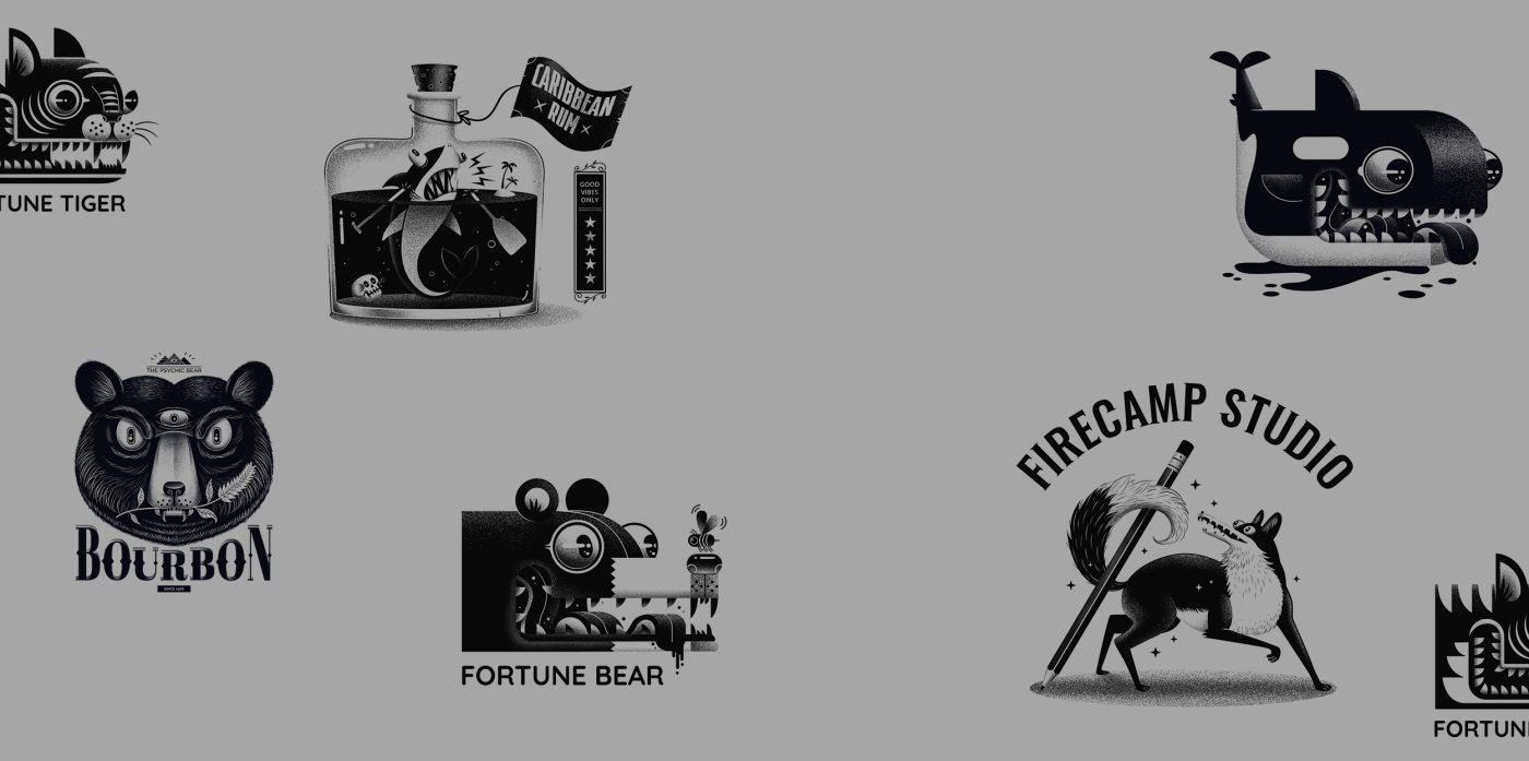 A selection of logos and badges designed by Pierre Kleinhouse